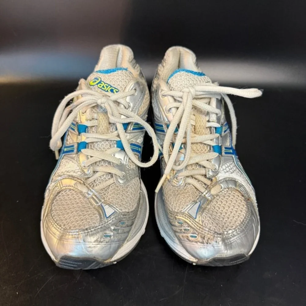 Asics Gel-Kinetic 3 T087N Silver Blue Synthetic‎ Mesh Running Shoes Womens US 7